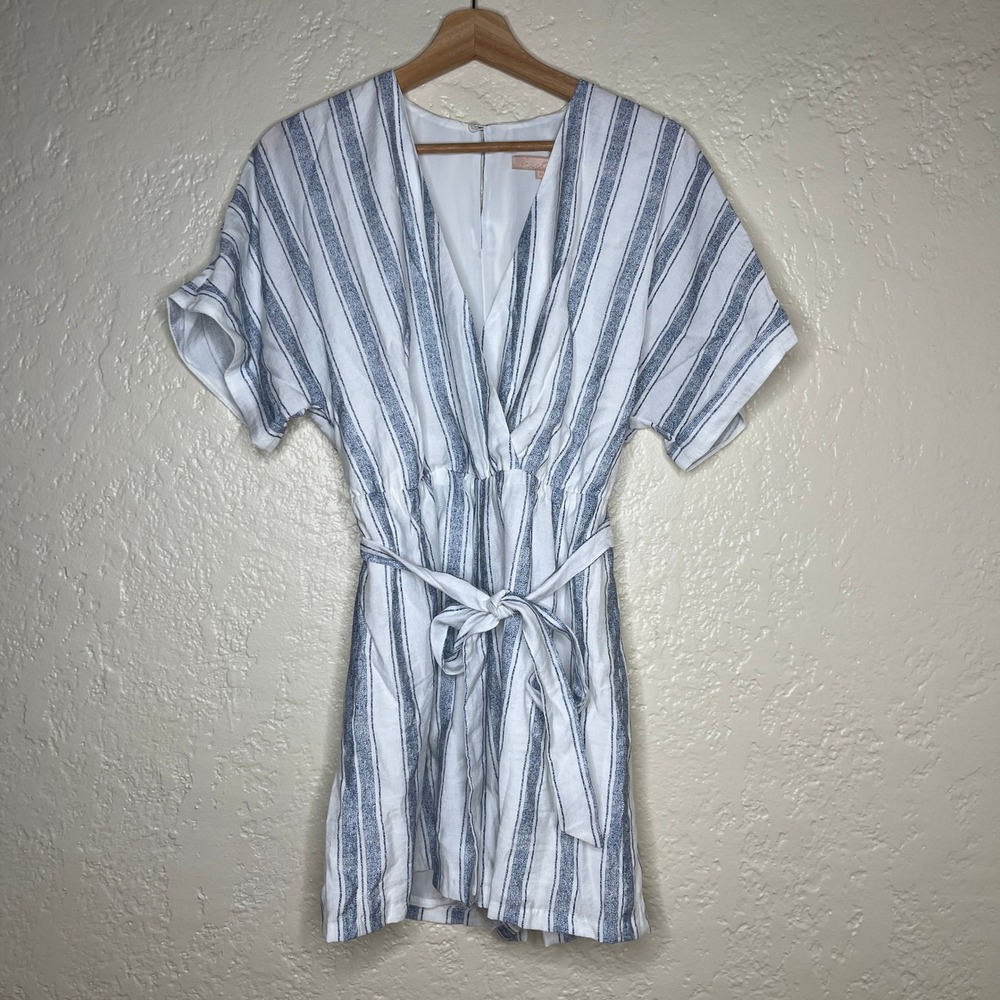 Hutch‎ Womens Blue White Striped Surplice Romper V-Neck Belted Short Sleeve M